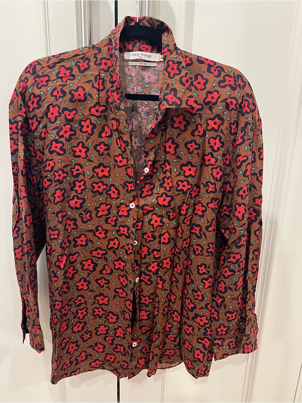 Nice Things Men’s Brown Button-Down Shirt with Red Floral Print